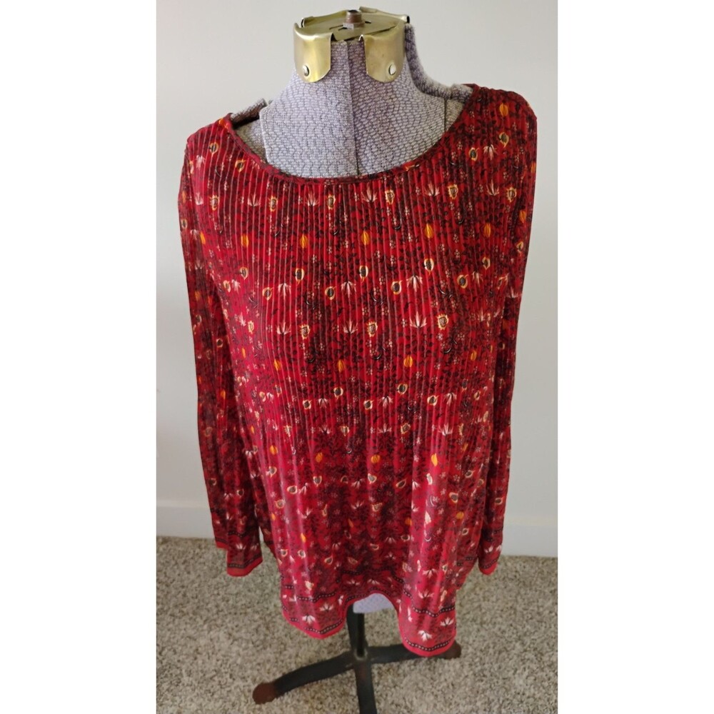 Max Studio Womens Floral Blouse Shirt Top Accordion Pleat Red Office Work M EUC
